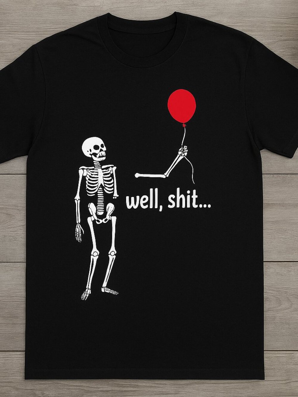 Skeleton Holding Red Balloon Funny Halloween Sarcastic Graphic T-Shirt